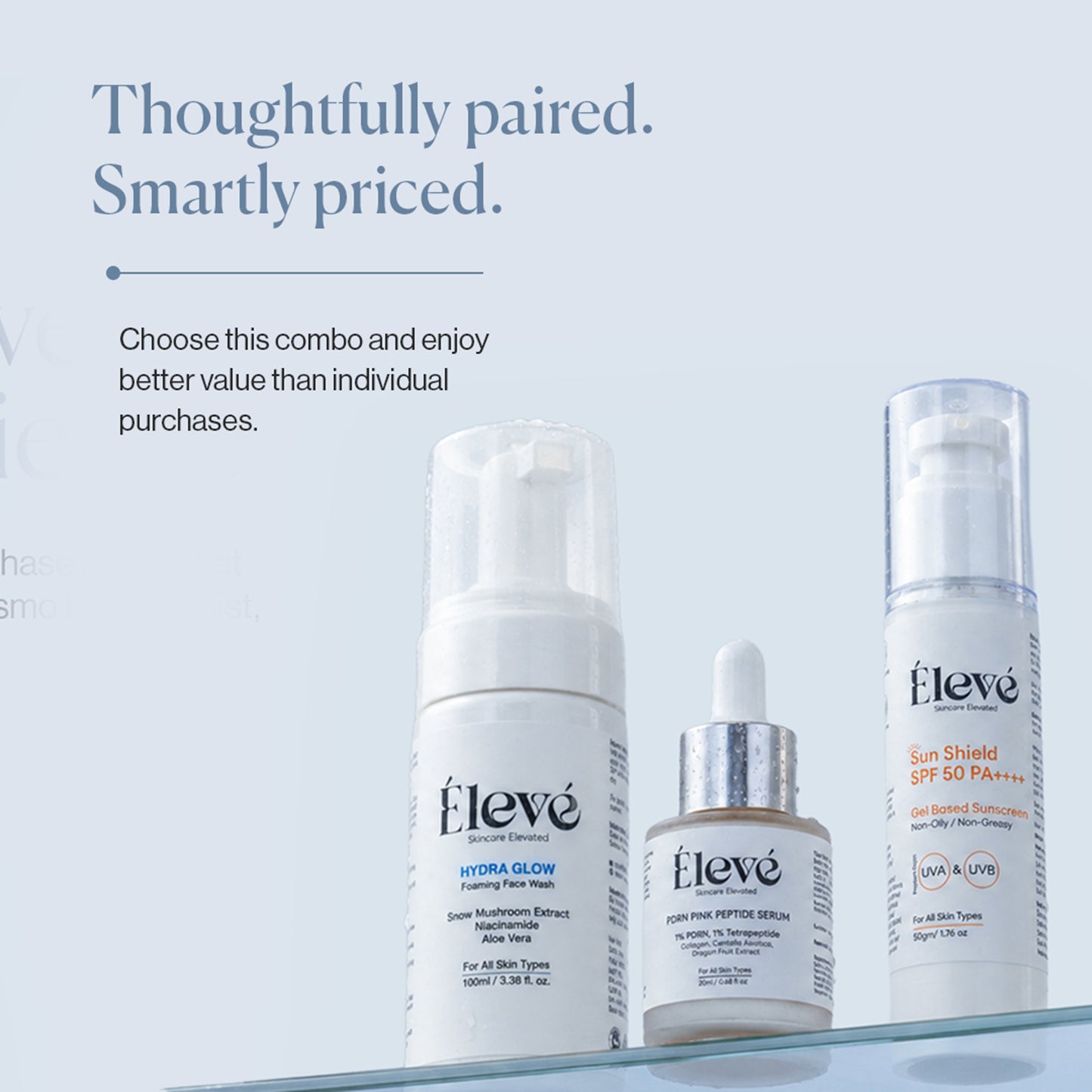 Hydra Glow Face Wash, Sun Shield SPF 50 PA++++ & PDRN Pink Peptide Night Serum.