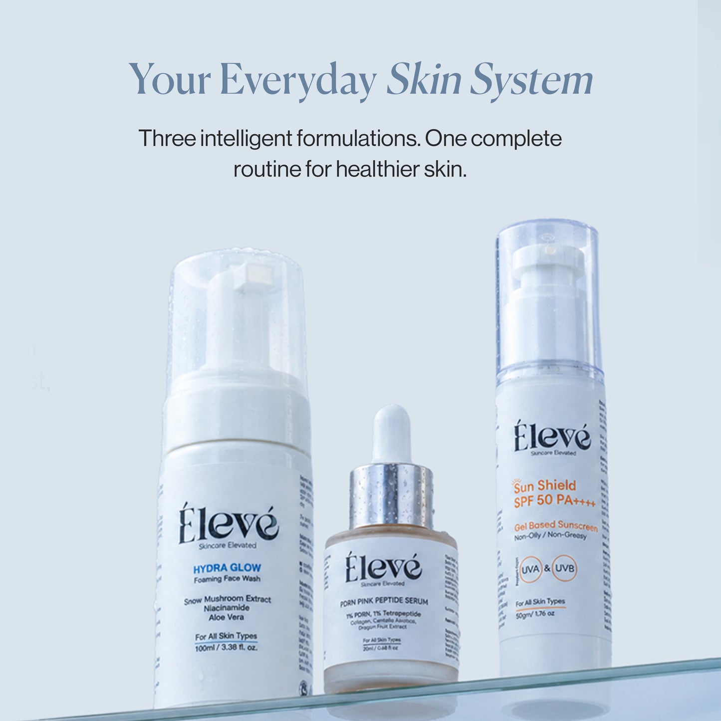 Hydra Glow Face Wash, Sun Shield SPF 50 PA++++ & PDRN Pink Peptide Night Serum.