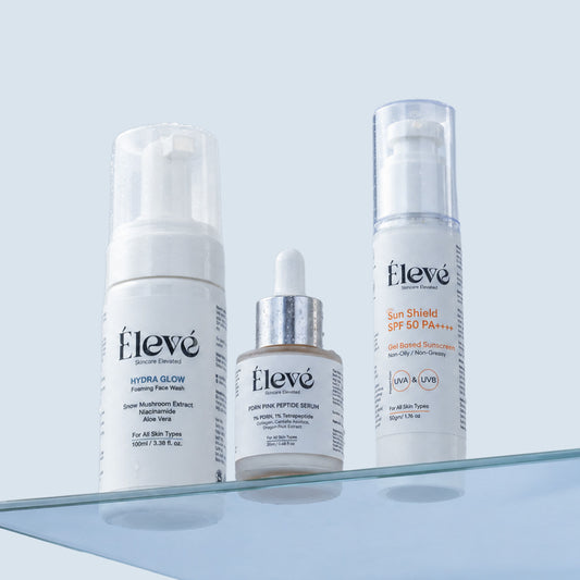 Élevé complete skincare routine with Hydra Glow Foaming Face Wash, PDRN Pink Peptide Night Serum and Sun Shield SPF 50 PA++++