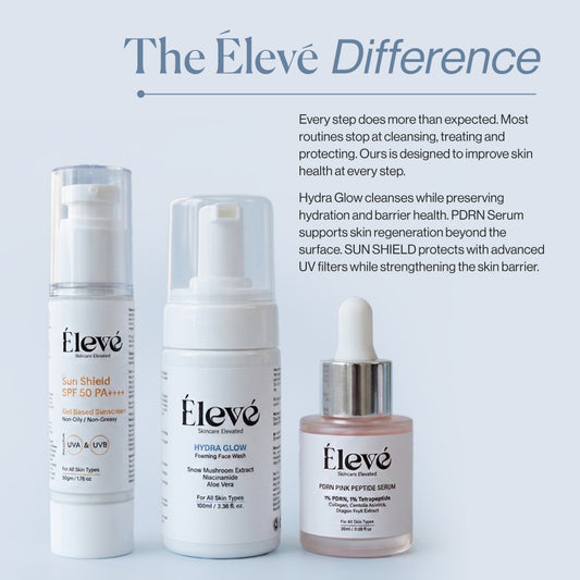 Élevé complete skincare routine with Hydra Glow Face Wash, PDRN Pink Peptide Serum and Sun Shield SPF 50 PA++++ for skin health