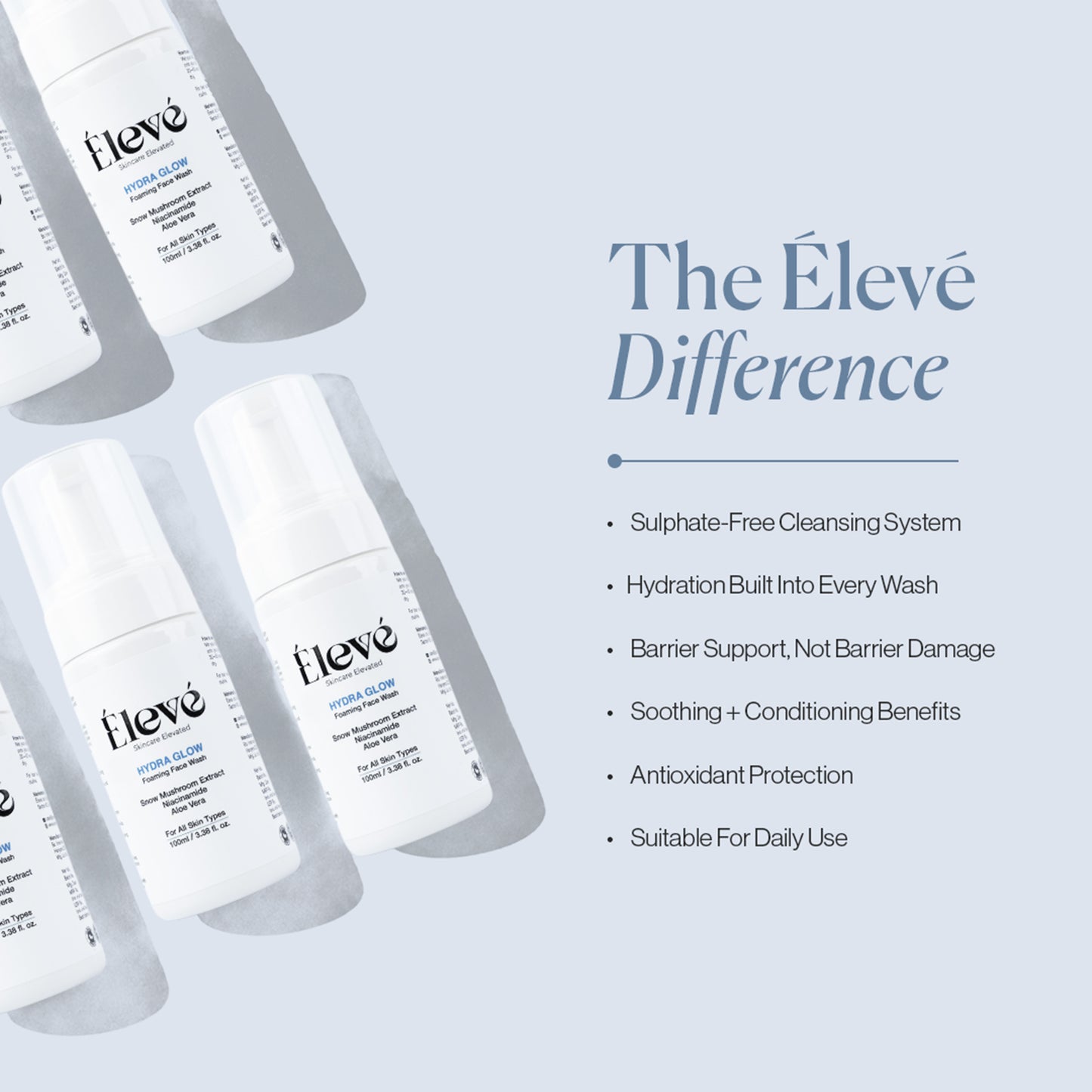 Élevé Hydra Glow Foaming Face Wash with sulphate-free cleansing, hydration and skin barrier support