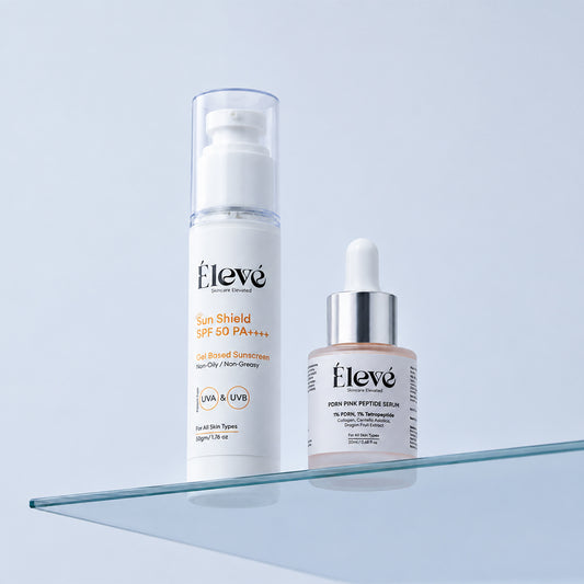 Élevé Sun Shield SPF 50 PA++++ Gel-Based Sunscreen and PDRN Pink Peptide Serum skincare duo