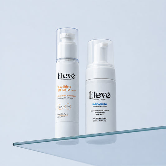 Élevé Sun Shield SPF 50 PA++++ Gel-Based Sunscreen and Hydra Glow Foaming Face Wash skincare duo